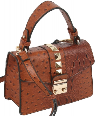 Ostrich Croc Studded Top Flap Crossbody Bag LGZ023 COGNAC